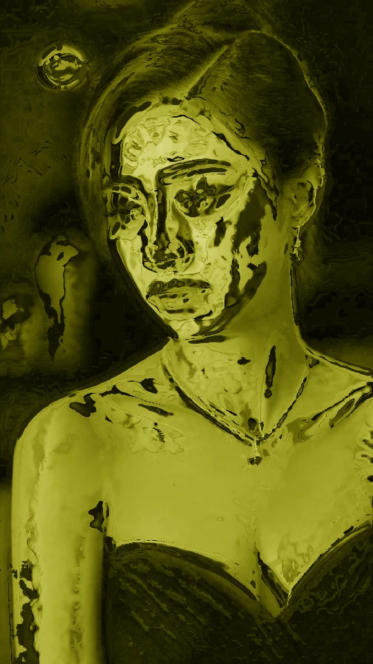 A matcha-filtered portrait example — the person washed into a milky green haze, features barely readable
