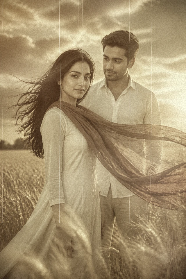 The same portrait with the 1970s vintage effect — sepia-brown tones, lifted shadows, fine film grain and scratches
